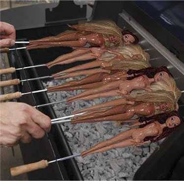 barbie dolls over a barbecue, aka barbie-q