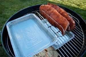 2-zone, indirect setup for BBQ ribs on a charcoal grill