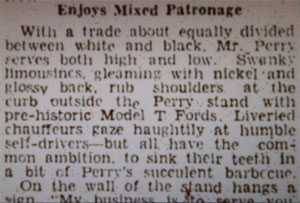 Photo of newspaper review of Henry Perry's BBQ stand from 1932